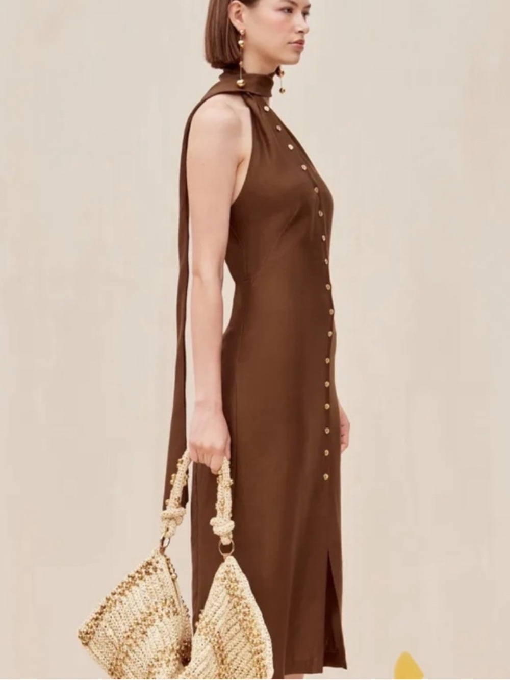 Cult Gaia Romia Brown Midi Dress with Neck Tie NWT - Picture 4 of 9